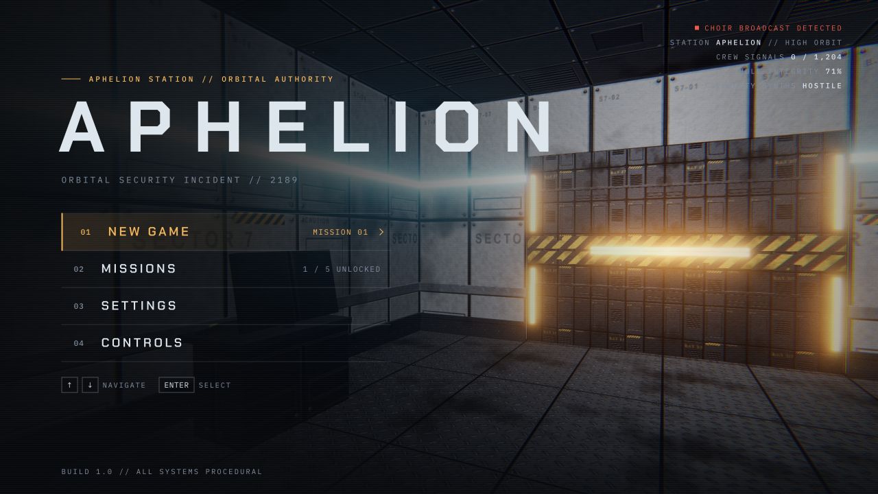 Aphelion game menu overlooking an industrial space-station corridor.