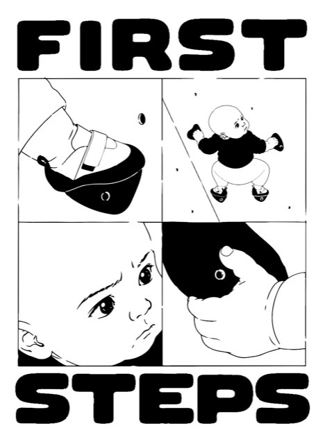 First Steps: four black-and-white panels showing a young child climbing.