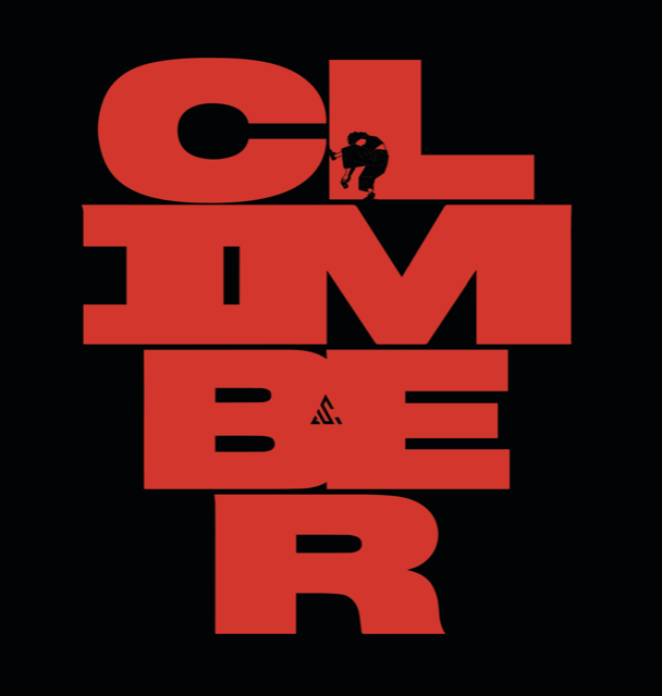 CLIMBER in stacked red lettering on black, with a climbing figure and the Substation symbol.