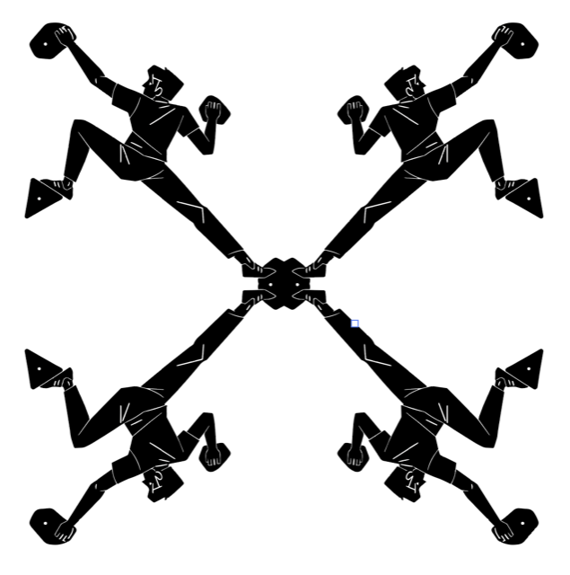 Four black climbing figures arranged in an X-shaped pattern.