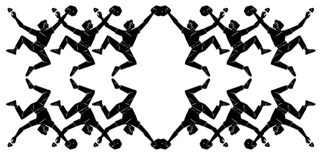 Repeating black climbing figures mirrored across a wide composition.
