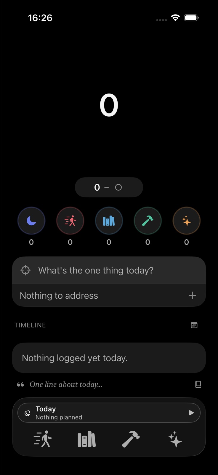 The Everything home screen, with five progress rings, a daily focus and a timeline.