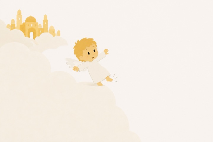 The angel loses his footing at the edge of the clouds.