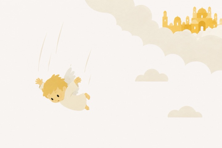 The angel falls away from the golden city.