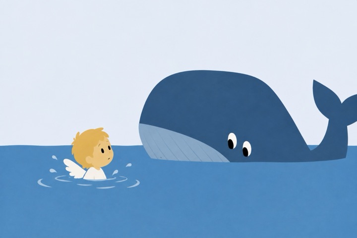 A blue whale finds the angel in the sea.