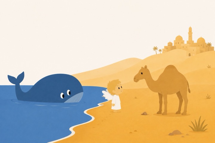 The whale brings the angel to a desert shore and a waiting camel.