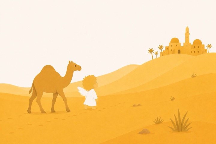 The angel and camel set out across the desert.