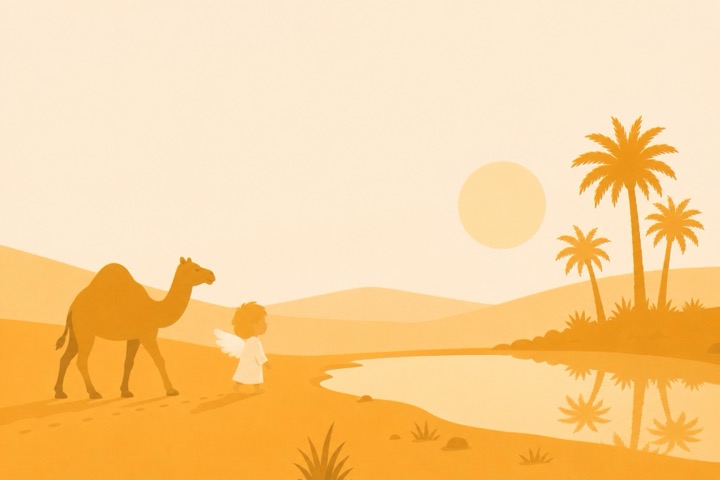 The travellers reach a palm-lined oasis.