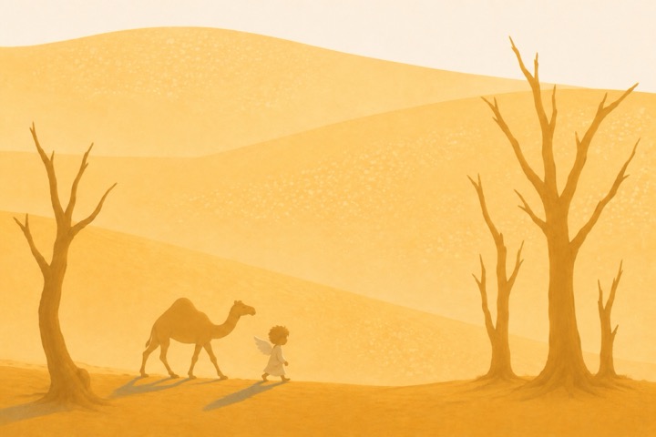The angel and camel pass through a sparse stand of desert trees.