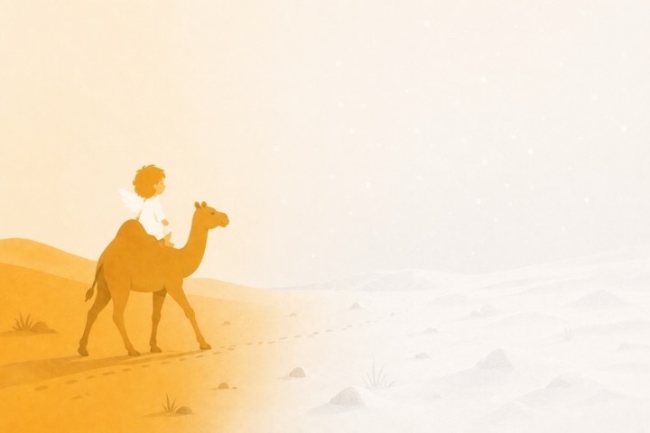 The angel rides from warm desert light into a white winter landscape.