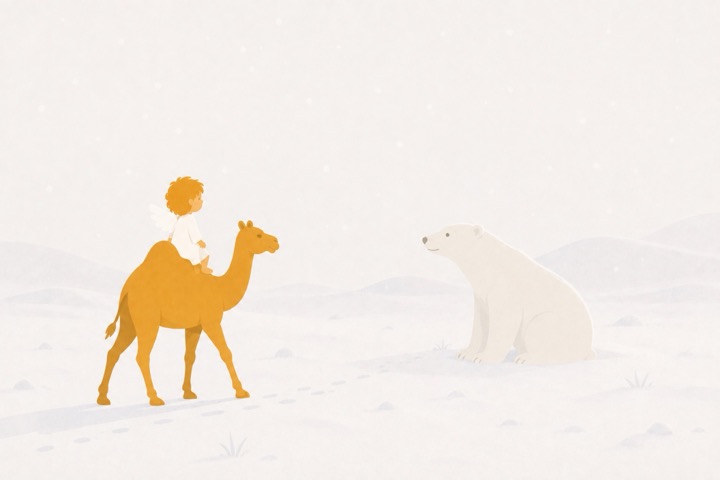 A polar bear watches the angel and camel crossing the snow.