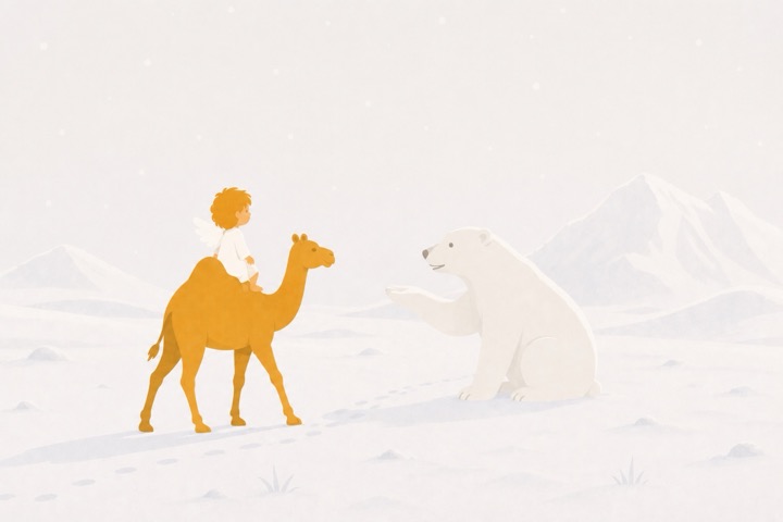 The polar bear raises a paw to greet the travellers.
