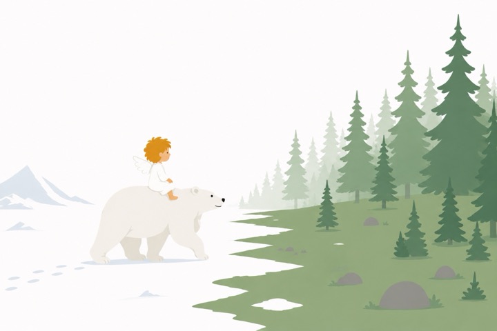 The polar bear carries the angel toward a green forest.