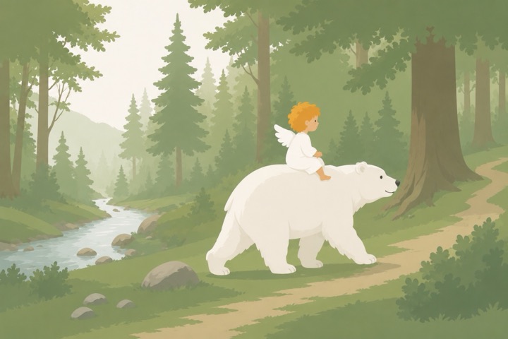 The angel rides the polar bear along a forest path.