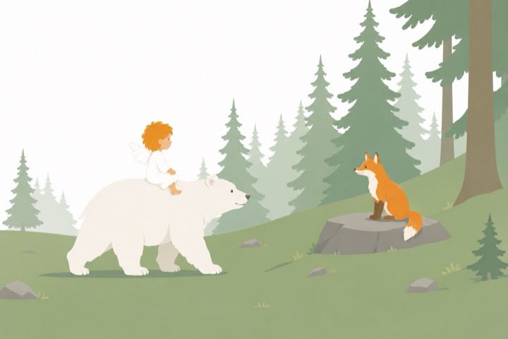 A fox waits for the angel and polar bear among the trees.