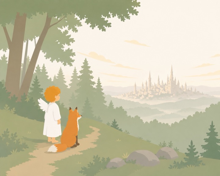 The angel and fox look toward a distant city.