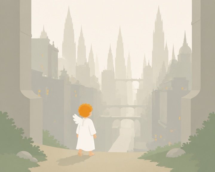 The angel stands at the threshold of the pale city.