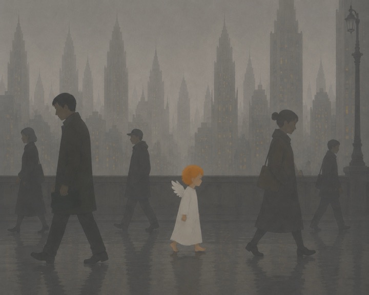 The small angel walks among grey-clad people in the rain.