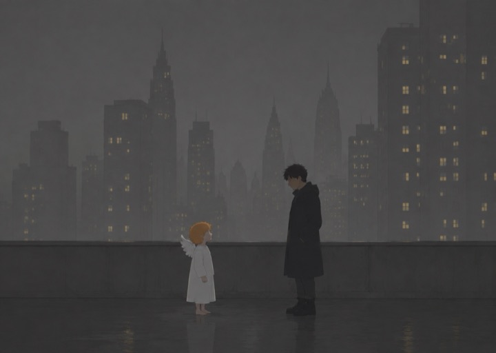 The angel faces a solitary man against the dark city skyline.