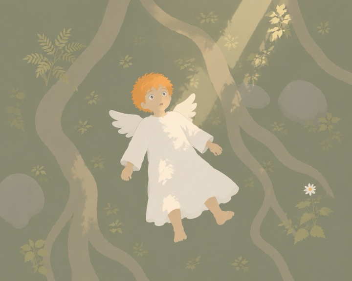 The angel lies in a shaft of light on the forest floor.