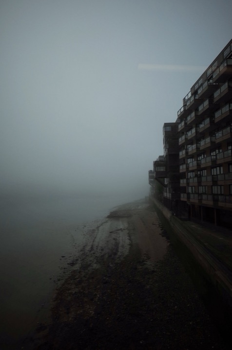 A riverside path disappearing into dense fog.