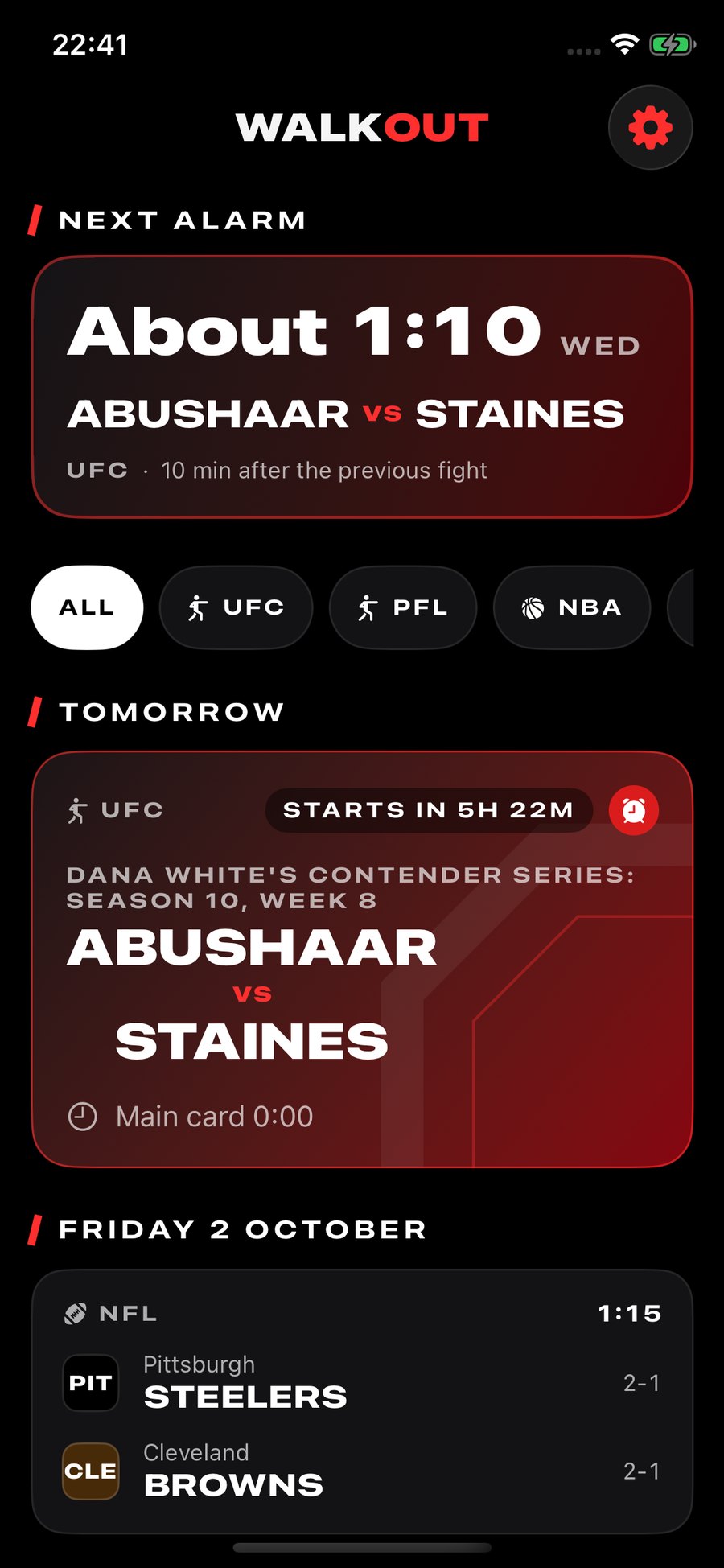 The Walkout home screen with the next alarm and the upcoming card.