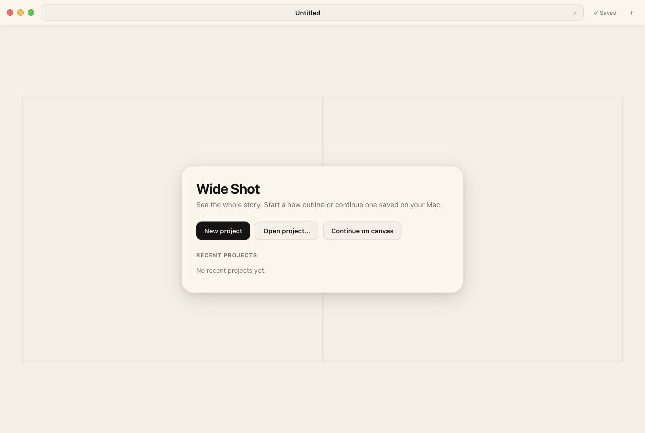 The Wide Shot welcome screen over a blank two-part story canvas.
